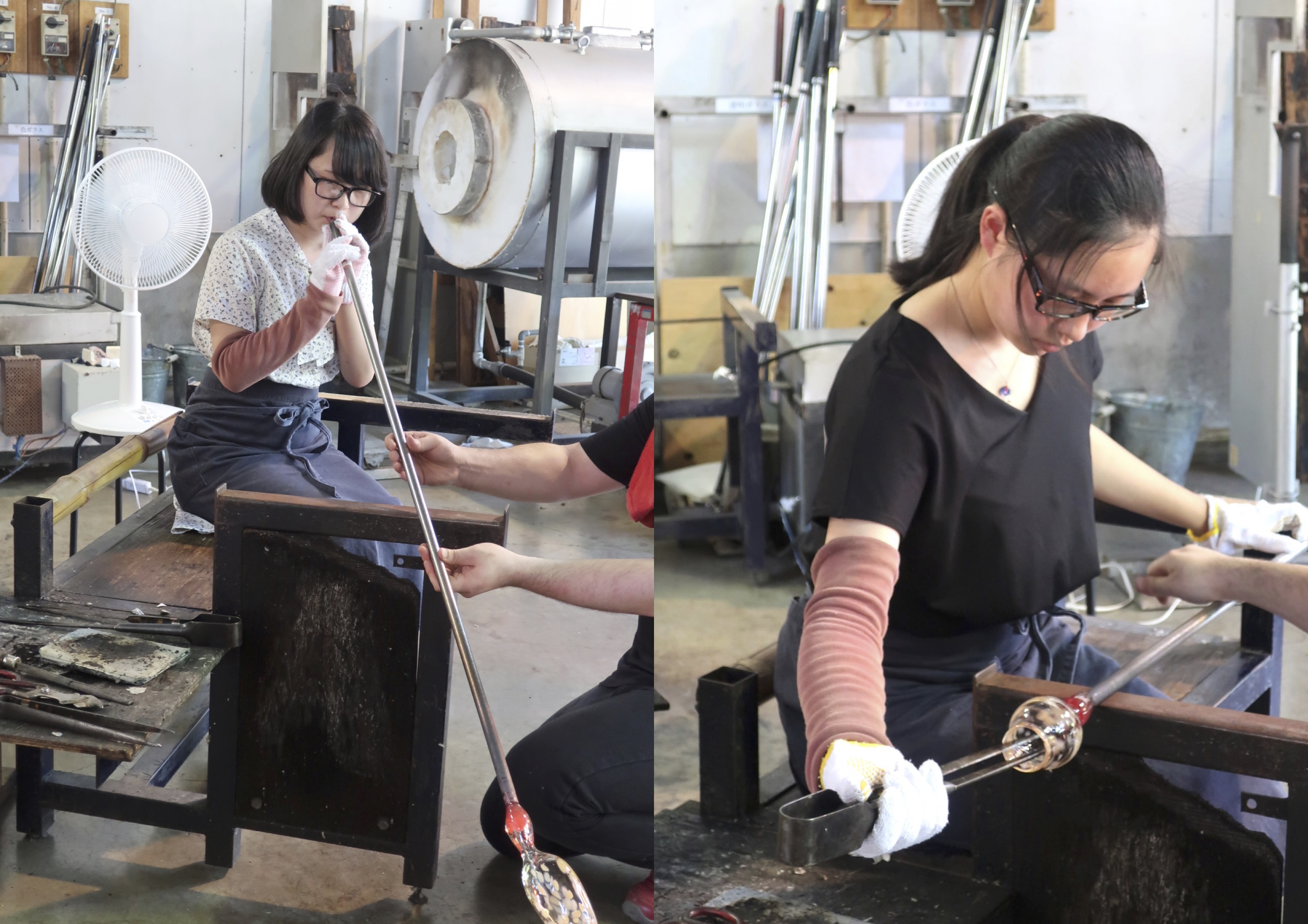 吹きガラスを制作中。ガラス工房は暑かった!