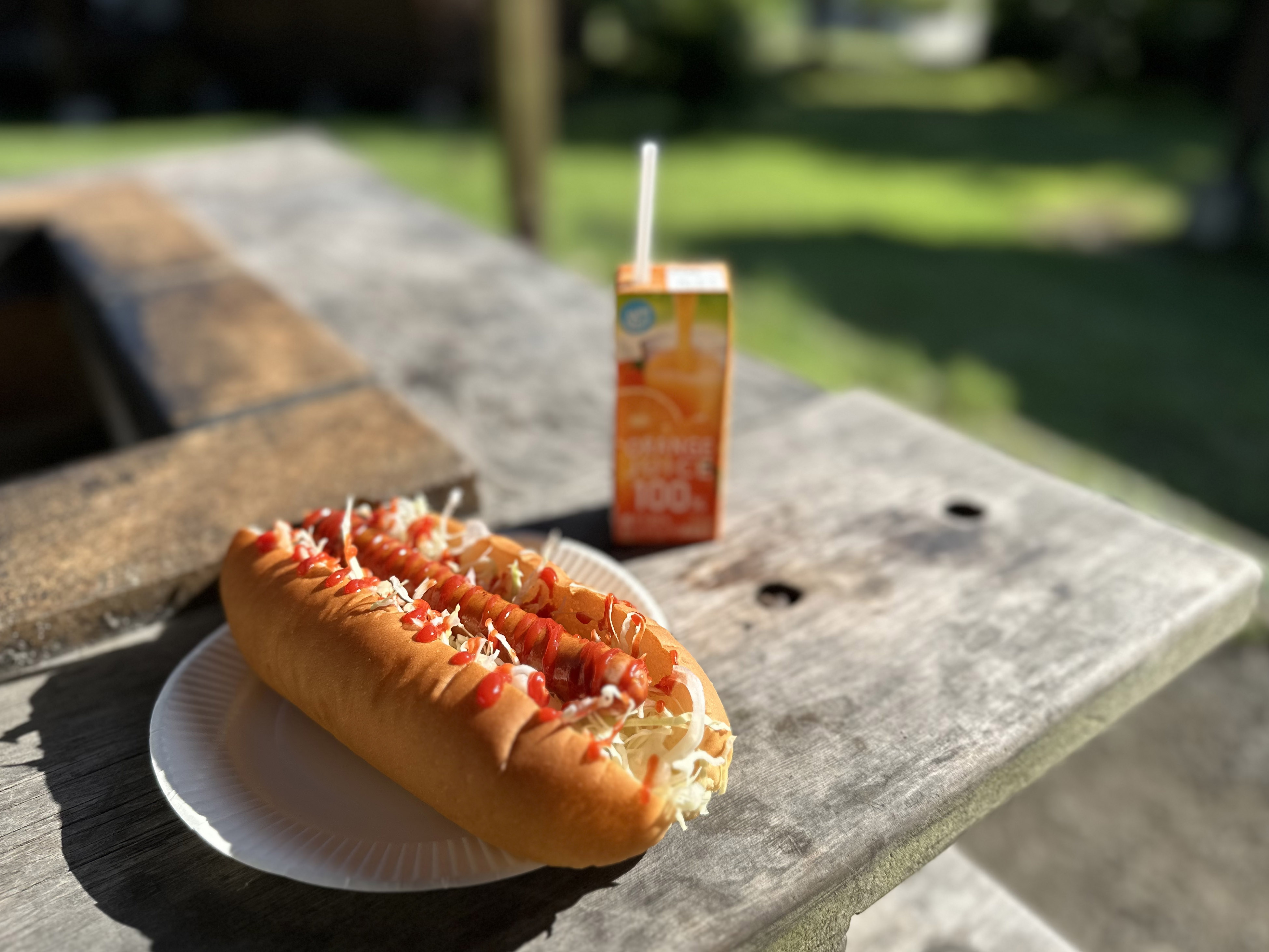外で食べる手作りホットドッグ!最高のモーニングです
