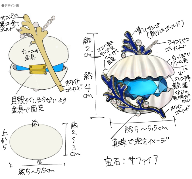 【入賞】松浦 智咲(貝の中にサファイアを入れ、サンゴと真珠の泡で海をイメージしたネックレスのデザイン)